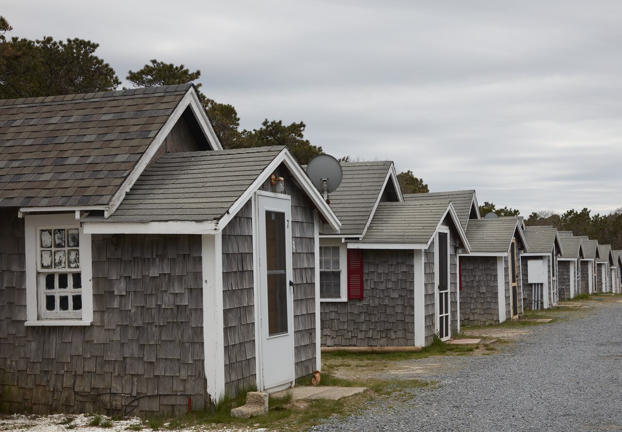 Shingled cottages at Prince of Whales in Truro, photographed in 2019