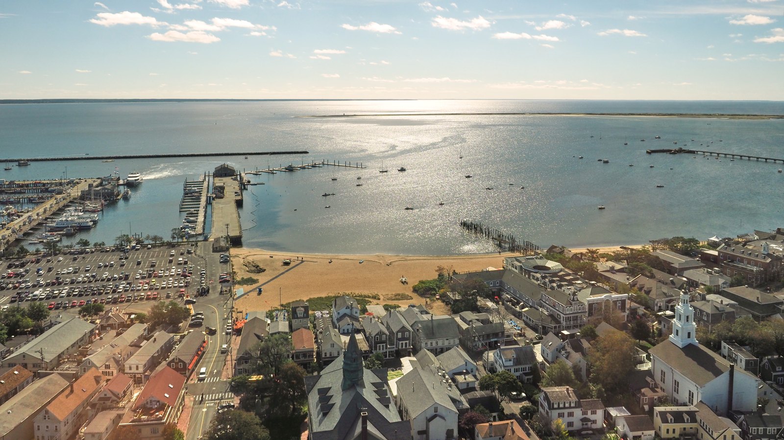Provincetown Harbor, piers and Long Point viewed from Pilgrim Monument