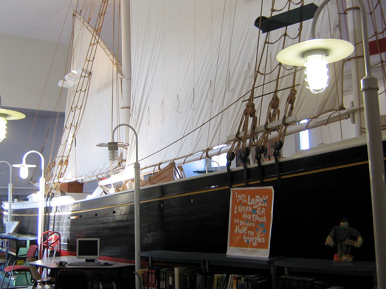 The Rose Dorothea ship replica inside Provincetown Public Library, photographed in 2009