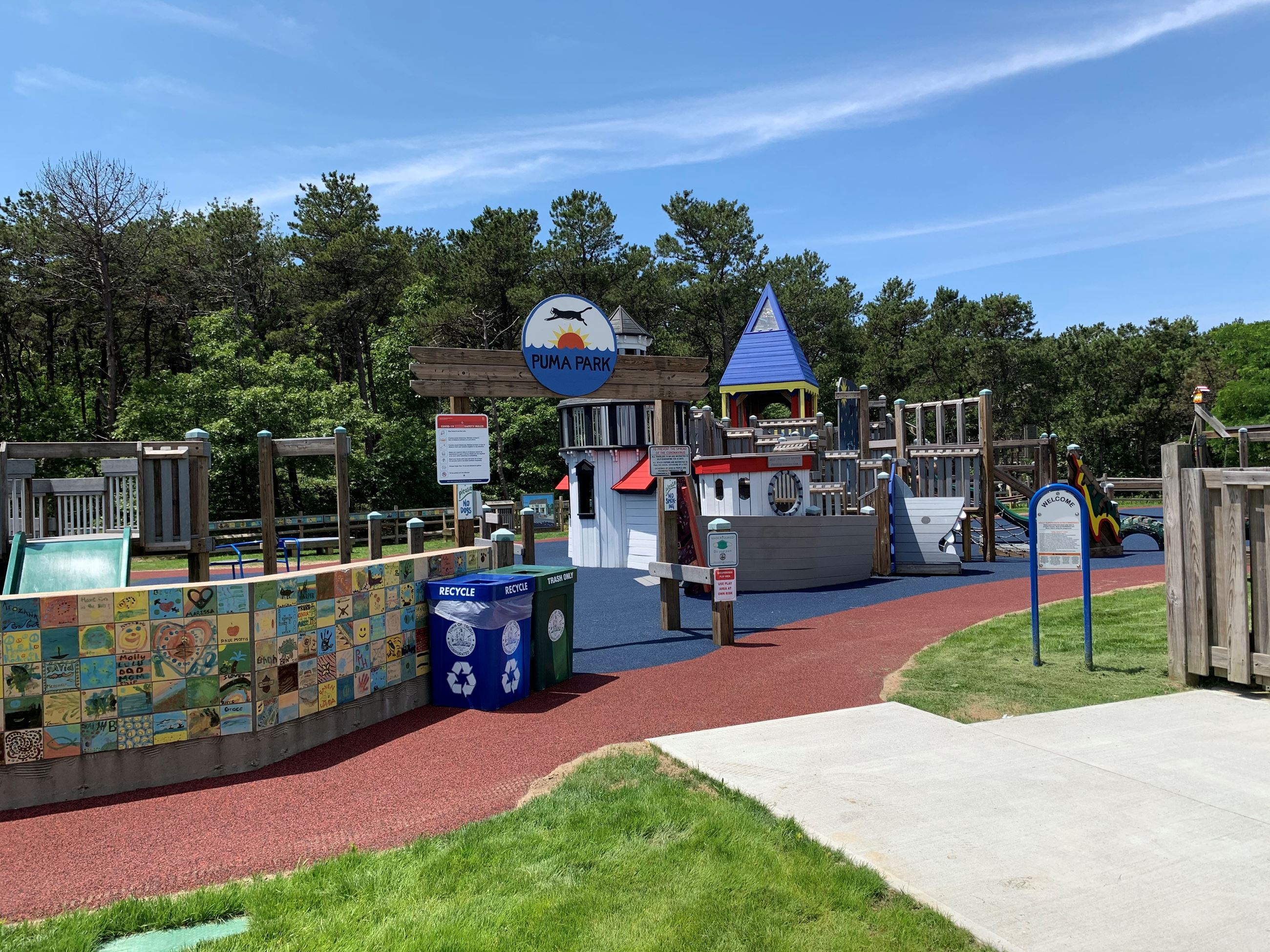 Nautical play structures and entrance at Puma Park in North Truro
